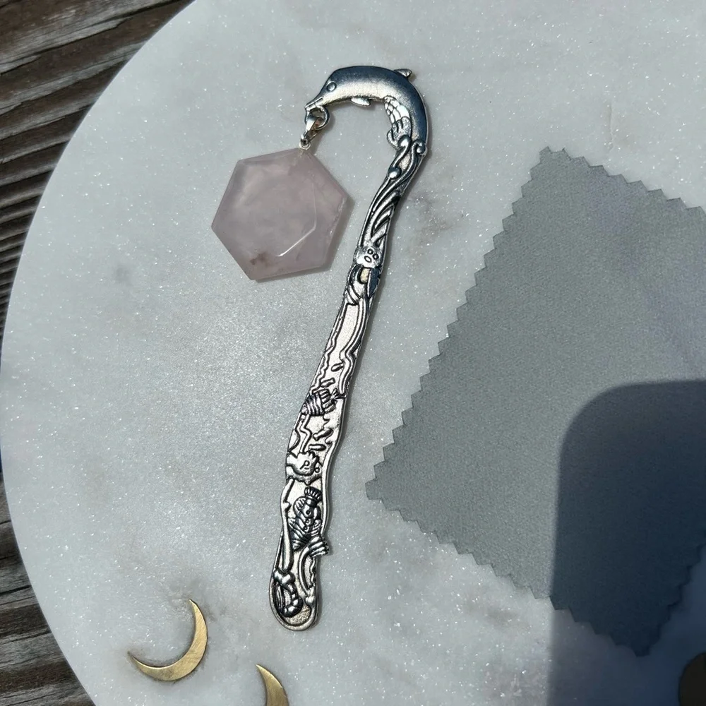 Rose Quartz Dolphin Metal Bookmark